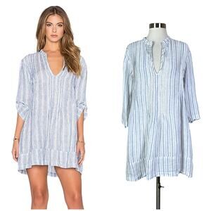 CP Shades | Linen Regina Striped Striped V Neck Tunic Blue White Coastal Fit Top